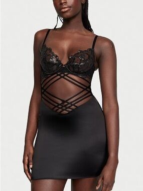 Victoria’s Secret Shimmer Heart Embroidery Strappy Satin Slip Dress Babydoll L